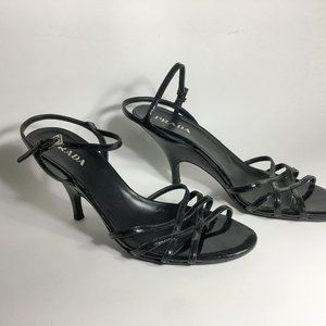 PRADA Black Leather Strappy Heels Shoes 38.5